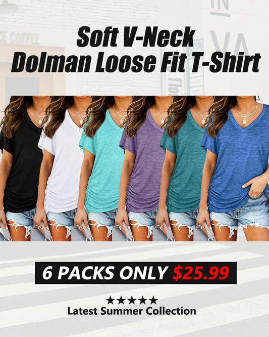 🔥2026 Clearance Item🔥Soft V-Neck Dolman Loose Fit T-Shirt with Side Ruching