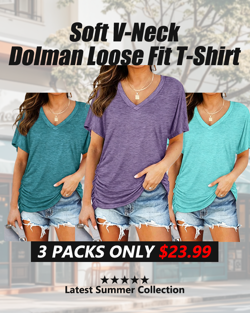 🔥2026 Clearance Item🔥Soft V-Neck Dolman Loose Fit T-Shirt with Side Ruching