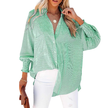 🔥Buy More Save More!🔥Women's pleated cuffs striped shirt with pockets and casual collar