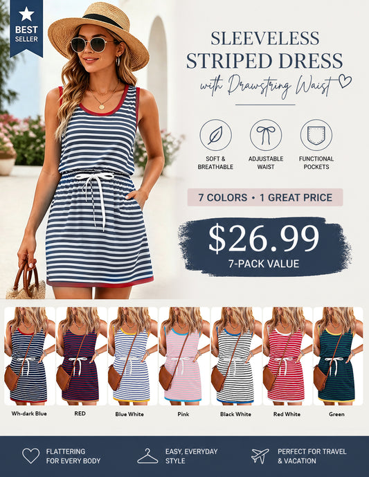 Womens Summer Sleeveless Drawstring Waist Casual Tank Mini Dresses with Pockets