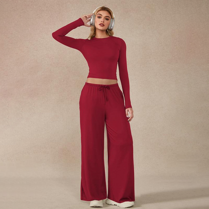 🔥Last day promotion🔥Women's 2-Piece Activewear Set Long-Sleeve Crop Top & Wide-Leg Pants