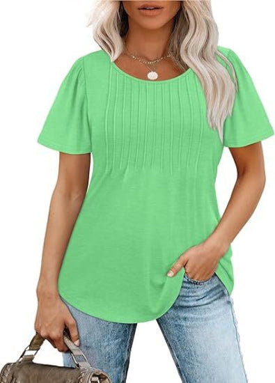 🔥2026 Clearance Item🔥Womens T Shirts Short Sleeve Pleated Dressy Casual Scooped Neck Summer Tops Blouses
