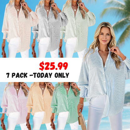 LIMITED STOCK🔥Women's pleated cuffs striped shirt with pockets and casual collar