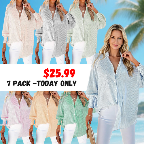 LIMITED STOCK🔥Women's pleated cuffs striped shirt with pockets and casual collar