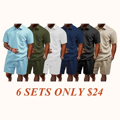 🔥Last day promotion🔥Men's Solid Polo Shirt & Drawstring Waist Shorts Set, Cozy Breathable Two-piece
