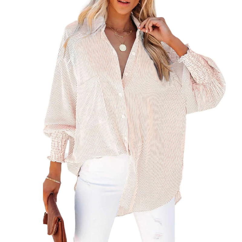 🔥Buy More Save More!🔥Women's pleated cuffs striped shirt with pockets and casual collar