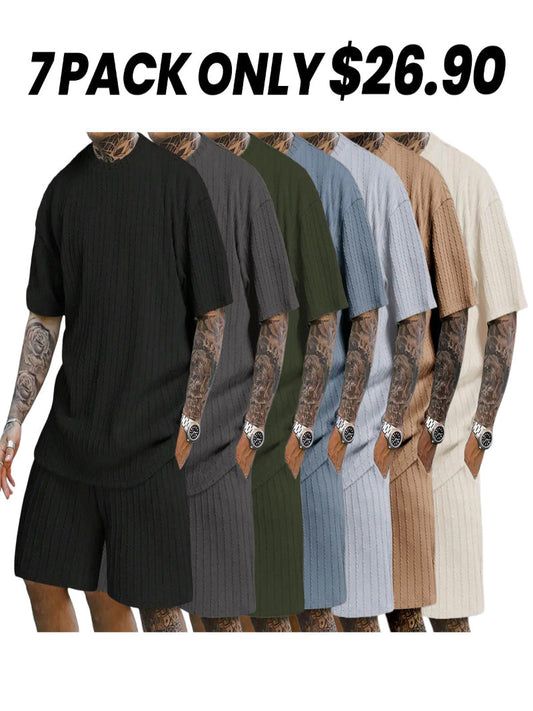 🔥Last day promotion🔥Men’s Streetwear 2-Piece Set – Soft Textured Knit Oversized Tee & Drawstring Shorts