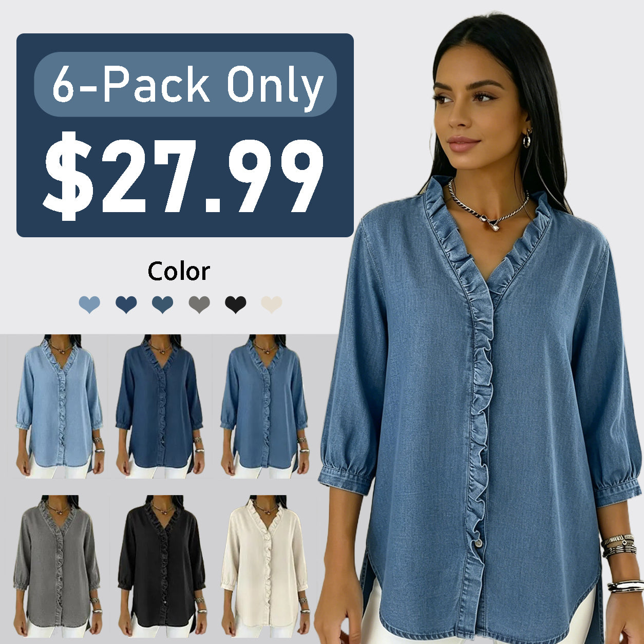 Women's Casual Denim V-Neck Ruffled Shirt