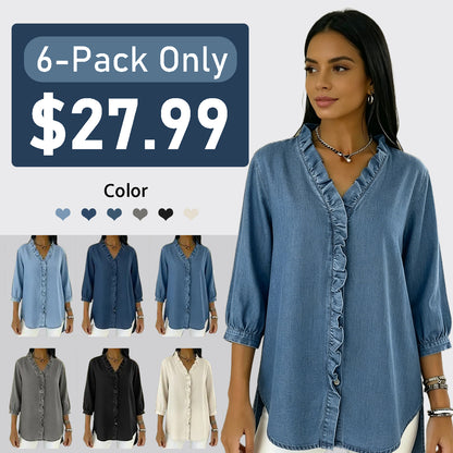Women's Casual Denim V-Neck Ruffled Shirt