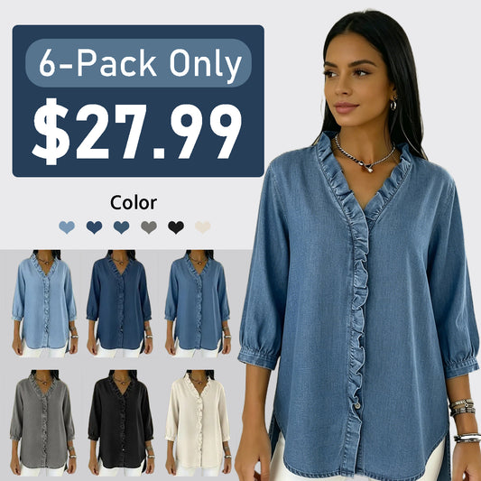 Women's Casual Denim V-Neck Ruffled Shirt