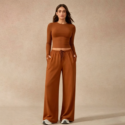 🔥Last day promotion🔥Women's 2-Piece Activewear Set Long-Sleeve Crop Top & Wide-Leg Pants