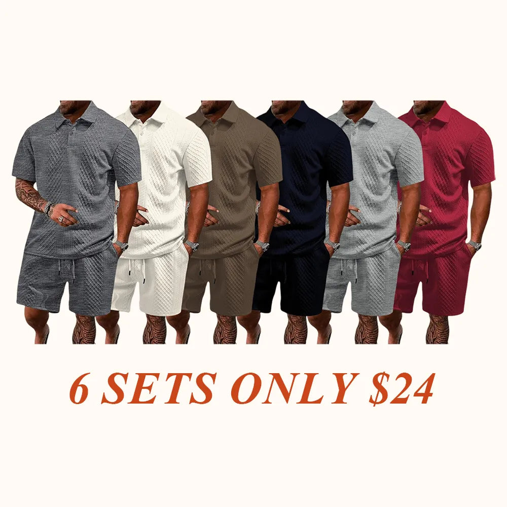 🔥Last day promotion🔥Men's Solid Polo Shirt & Drawstring Waist Shorts Set, Cozy Breathable Two-piece