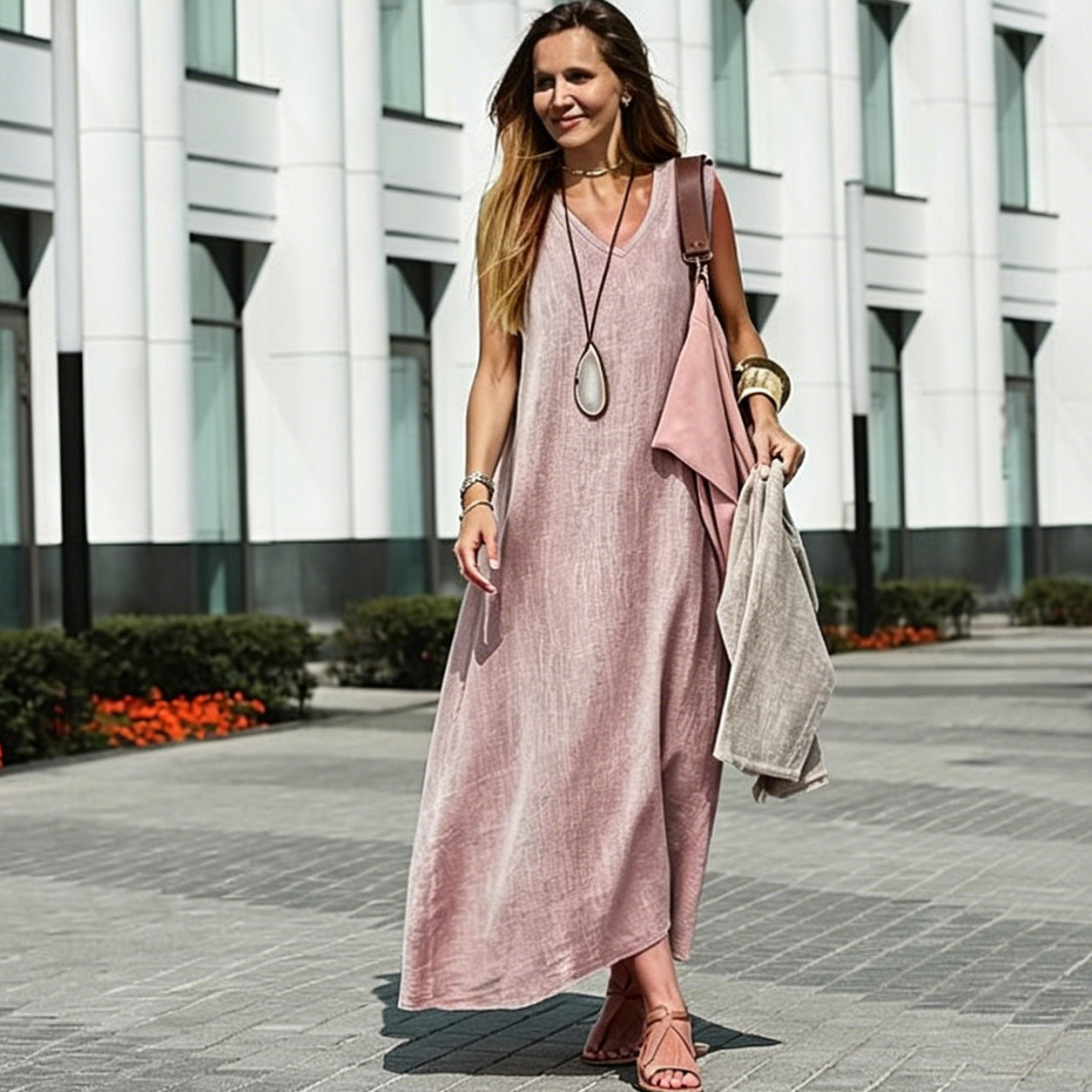 Womens Solid V-Neck Sleeveless Maxi Summer Dress