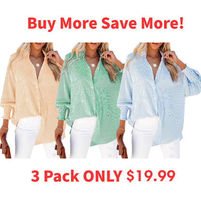 🔥Buy More Save More!🔥Women's pleated cuffs striped shirt with pockets and casual collar
