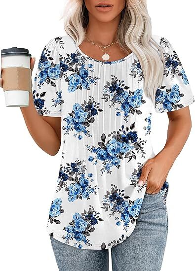 🔥2026 Clearance Item🔥Womens T Shirts Short Sleeve Pleated Dressy Casual Scooped Neck Summer Tops Blouses