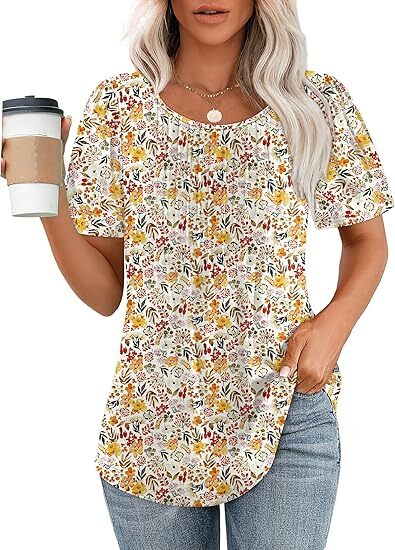 🔥2026 Clearance Item🔥Womens T Shirts Short Sleeve Pleated Dressy Casual Scooped Neck Summer Tops Blouses