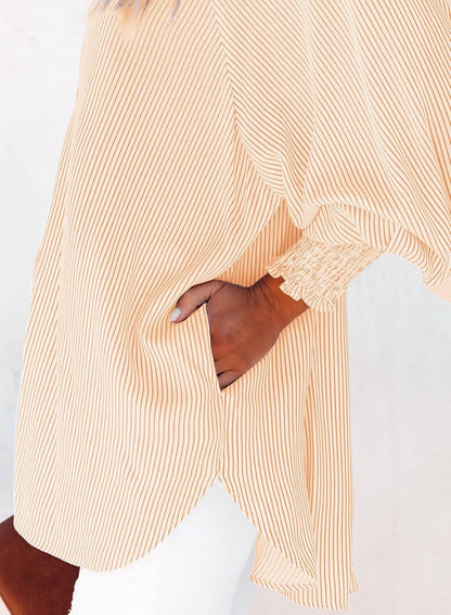 🔥Last day promotion🔥Women's pleated cuffs striped shirt with pockets and casual collar