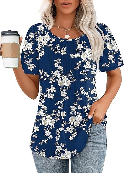 🔥2026 Clearance Item🔥Womens T Shirts Short Sleeve Pleated Dressy Casual Scooped Neck Summer Tops Blouses