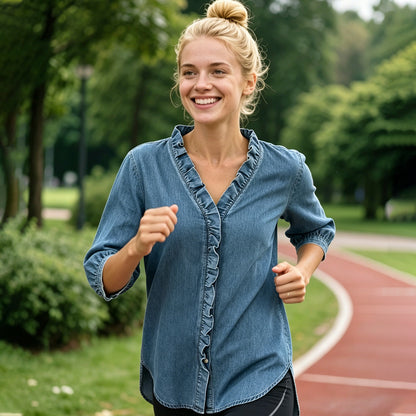Women's Casual Denim V-Neck Ruffled Shirt