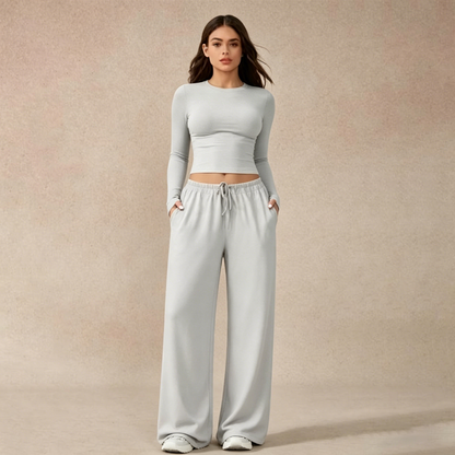 🔥Last day promotion🔥Women's 2-Piece Activewear Set Long-Sleeve Crop Top & Wide-Leg Pants