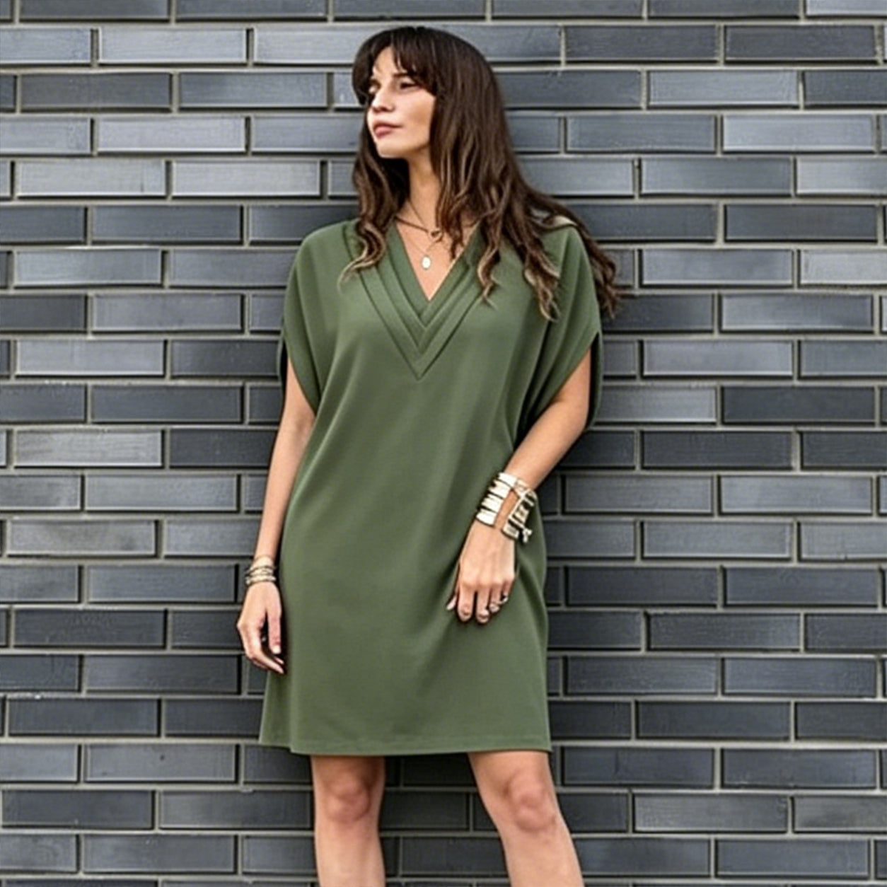 Women's V-Neck Short Sleeve Tummy-Hiding Dress
