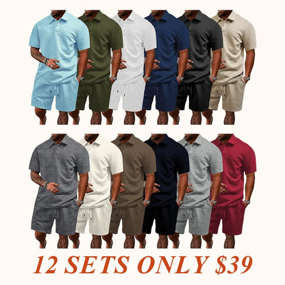 🔥Last day promotion🔥Men's Solid Polo Shirt & Drawstring Waist Shorts Set, Cozy Breathable Two-piece