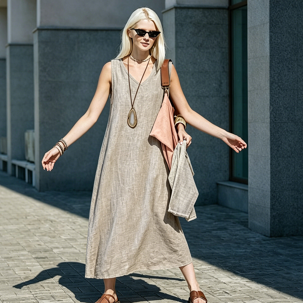 Womens Solid V-Neck Sleeveless Maxi Summer Dress