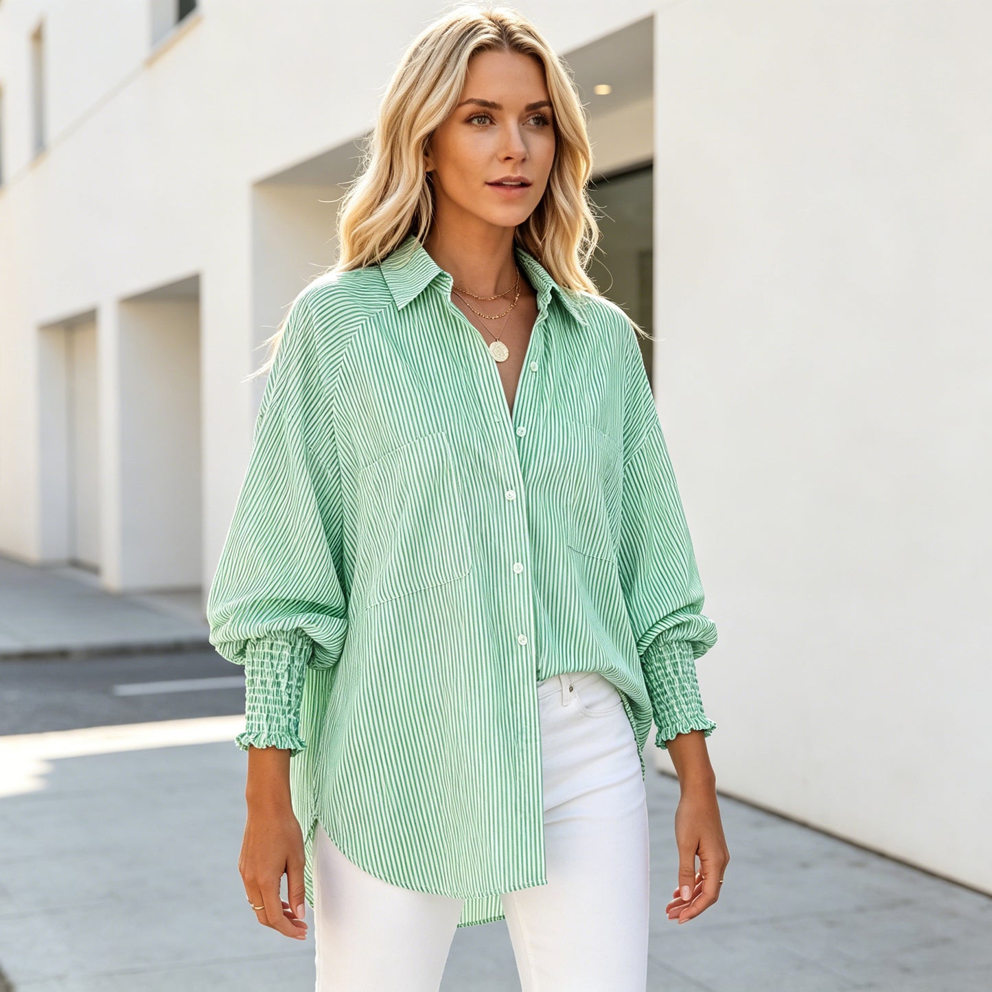 ❤️Special Sale🔥Women's pleated cuffs striped shirt with pockets and casual collar