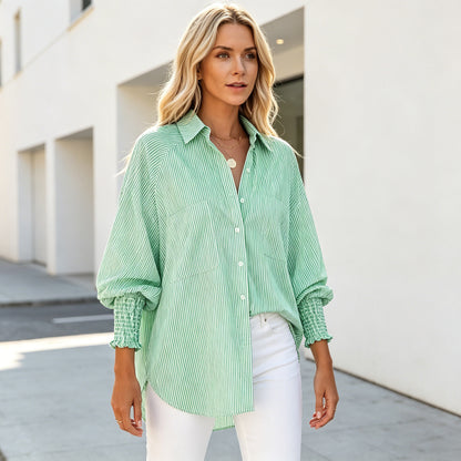 ❤️Special Sale🔥Women's pleated cuffs striped shirt with pockets and casual collar