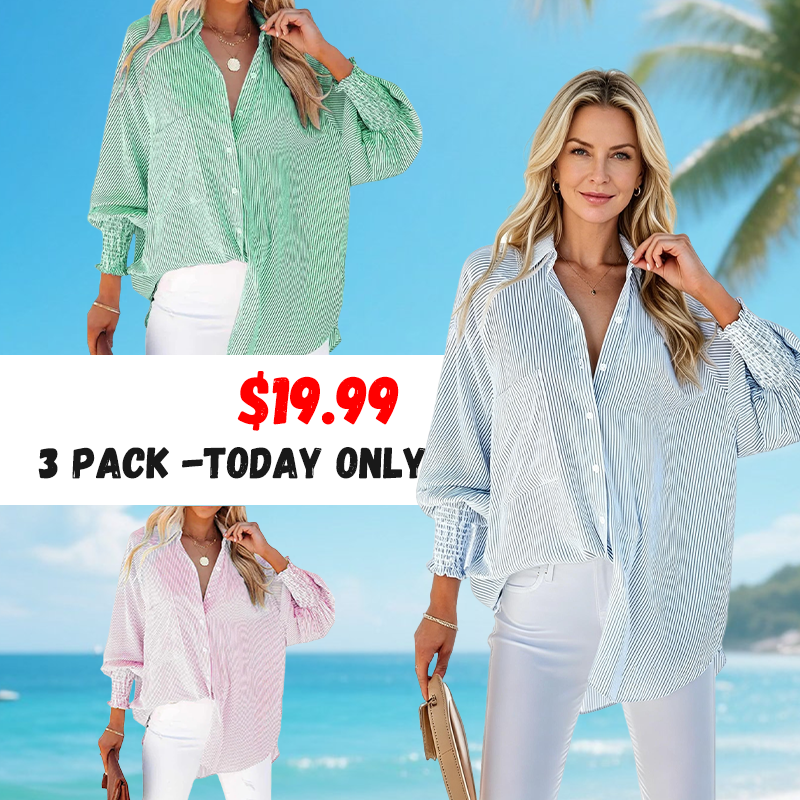 LIMITED STOCK🔥Women's pleated cuffs striped shirt with pockets and casual collar