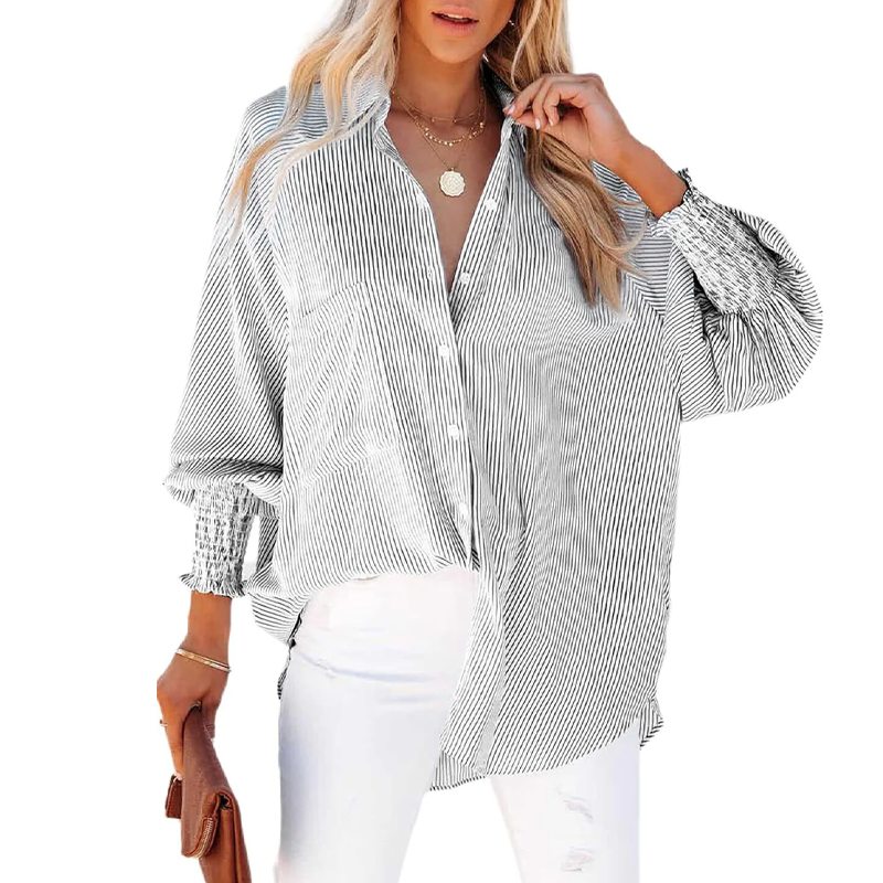 LIMITED STOCK🔥Women's pleated cuffs striped shirt with pockets and casual collar