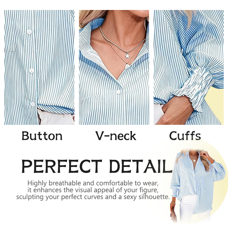 LIMITED STOCK🔥Women's pleated cuffs striped shirt with pockets and casual collar