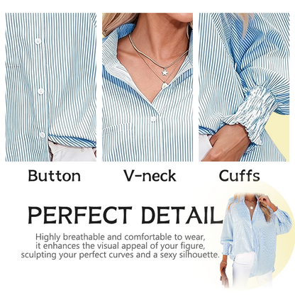 LIMITED STOCK🔥Women's pleated cuffs striped shirt with pockets and casual collar