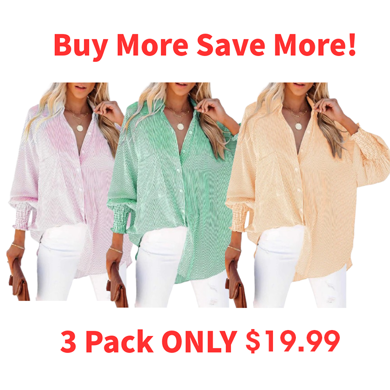 🔥Buy More Save More!🔥Women's pleated cuffs striped shirt with pockets and casual collar
