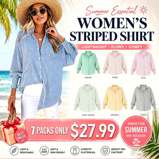 ❤️Special Sale🔥Women's pleated cuffs striped shirt with pockets and casual collar