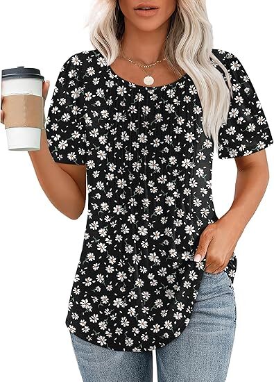 🔥2026 Clearance Item🔥Womens T Shirts Short Sleeve Pleated Dressy Casual Scooped Neck Summer Tops Blouses