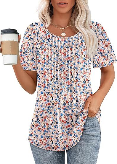 🔥2026 Clearance Item🔥Womens T Shirts Short Sleeve Pleated Dressy Casual Scooped Neck Summer Tops Blouses