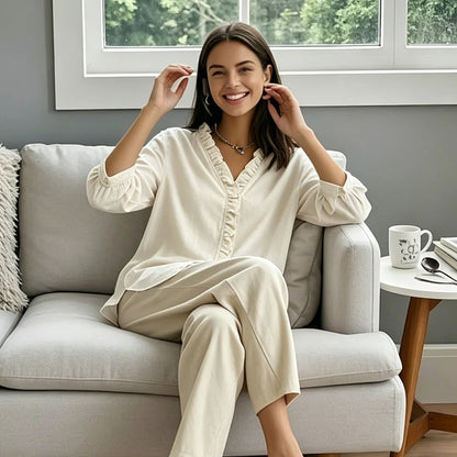 Women's Casual Denim V-Neck Ruffled Shirt