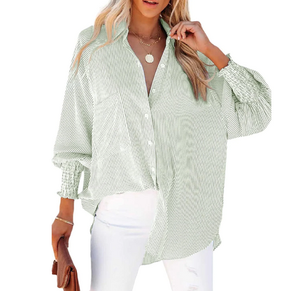 🔥Buy More Save More!🔥Women's pleated cuffs striped shirt with pockets and casual collar