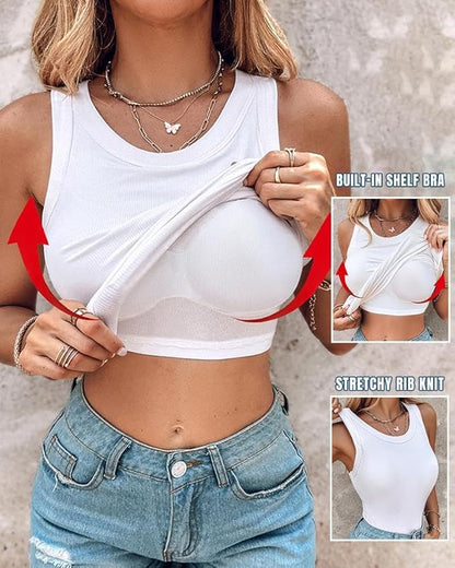 🔥Last Day Promotion🔥Round Neck Built-in Bra Ribbed Tank Top