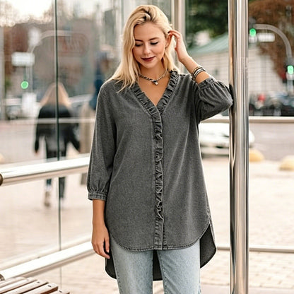 Women's Casual Denim V-Neck Ruffled Shirt