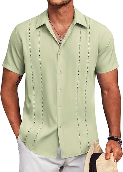 🔥Last day promotion🔥Men's Cuban Guayabera Shirt Short Sleeve V-Neck Button Down Casual Summer Beach Linen Top Fitted Breathable Soft Fabric