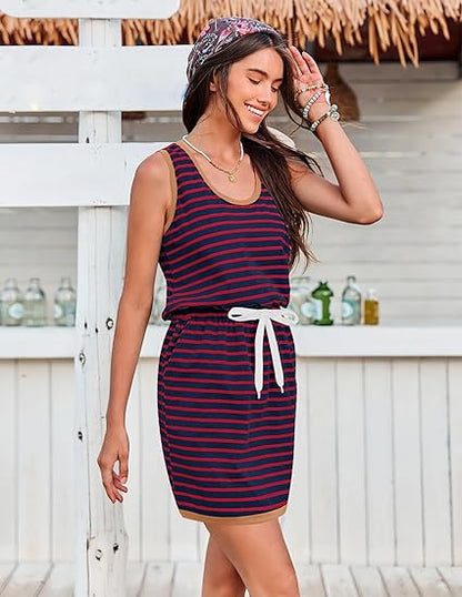 Womens Summer Sleeveless Drawstring Waist Casual Tank Mini Dresses with Pockets