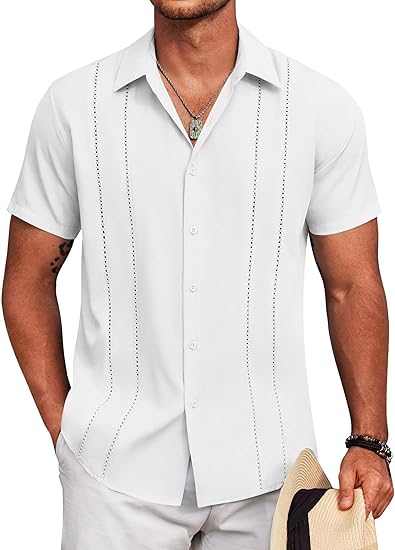 🔥Last day promotion🔥Men's Cuban Guayabera Shirt Short Sleeve V-Neck Button Down Casual Summer Beach Linen Top Fitted Breathable Soft Fabric