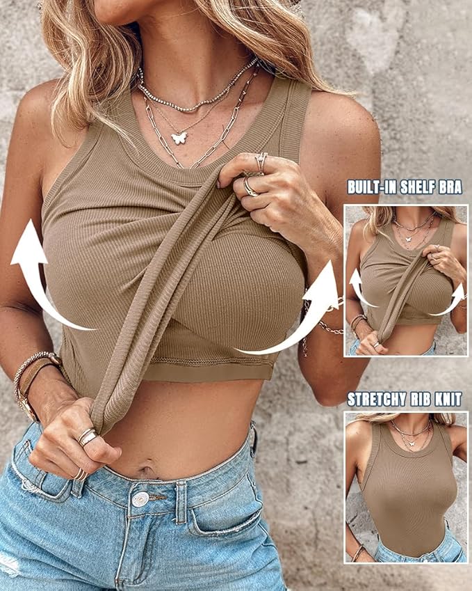 🔥Last Day Promotion🔥Round Neck Built-in Bra Ribbed Tank Top