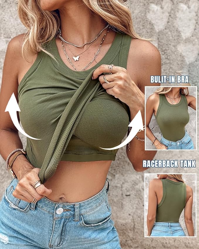 🔥Last Day Promotion🔥Round Neck Built-in Bra Ribbed Tank Top