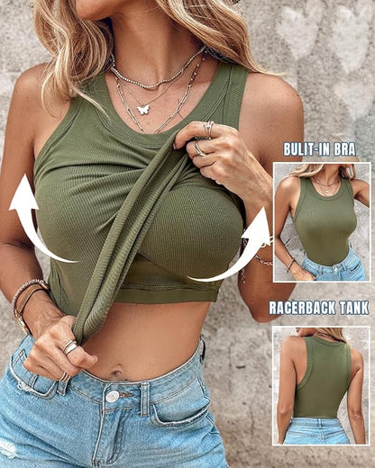 🔥Last Day Promotion🔥Round Neck Built-in Bra Ribbed Tank Top