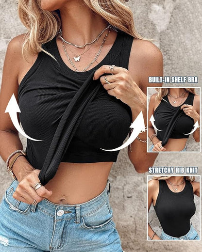 🔥Last Day Promotion🔥Round Neck Built-in Bra Ribbed Tank Top