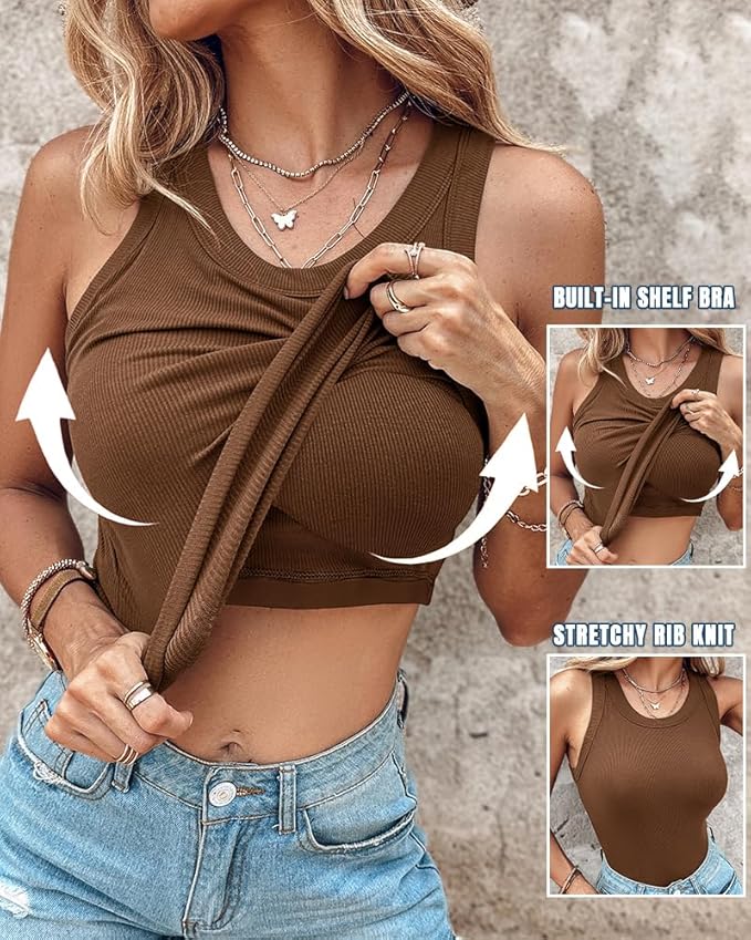 🔥Last Day Promotion🔥Round Neck Built-in Bra Ribbed Tank Top