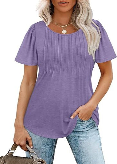 🔥2026 Clearance Item🔥Womens T Shirts Short Sleeve Pleated Dressy Casual Scooped Neck Summer Tops Blouses